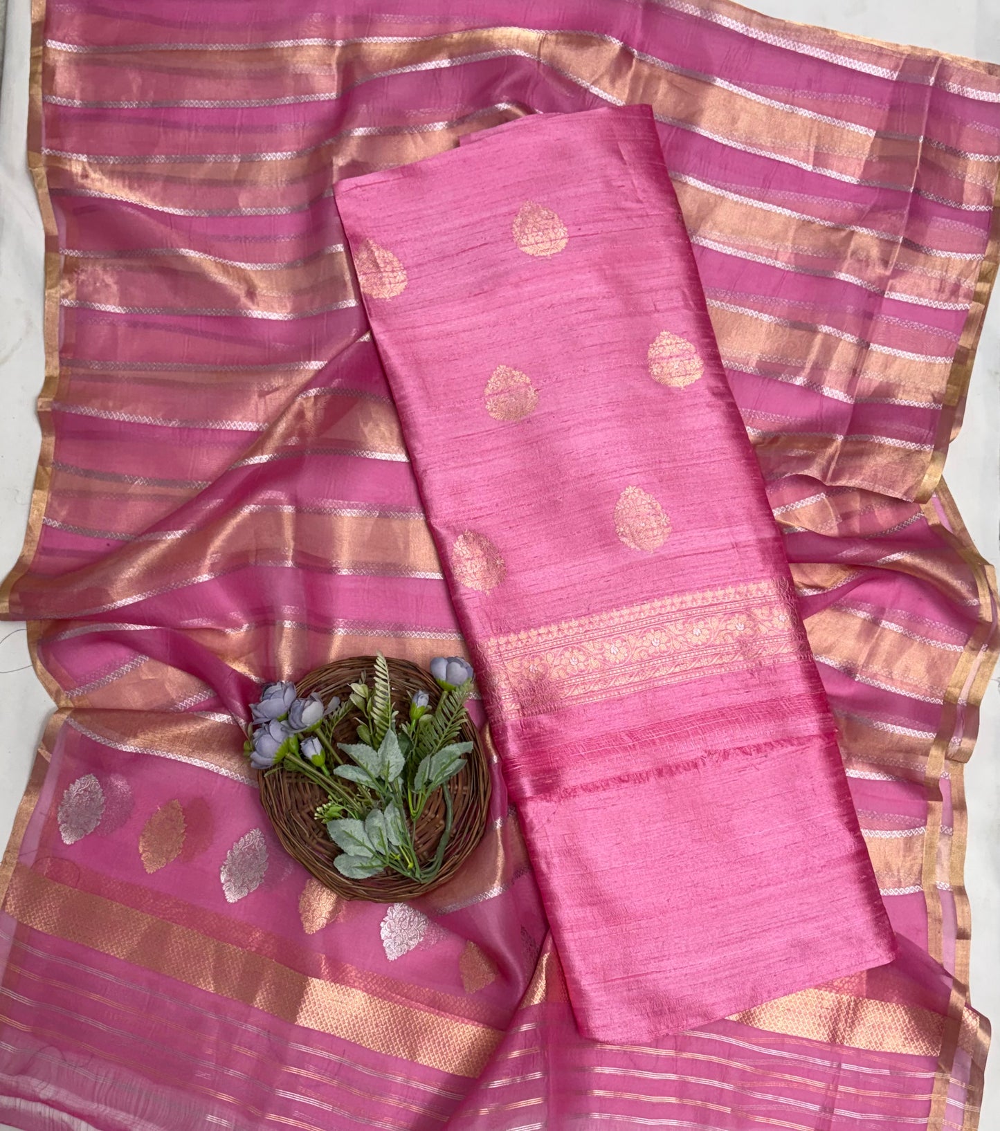 Pure Raw Silk Pink Suit Fabric / Banarasi Baithak