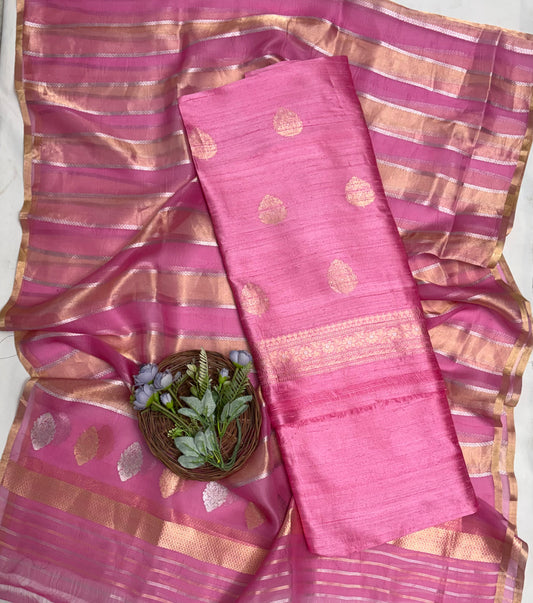 Pure Raw Silk Pink Suit Fabric / Banarasi Baithak