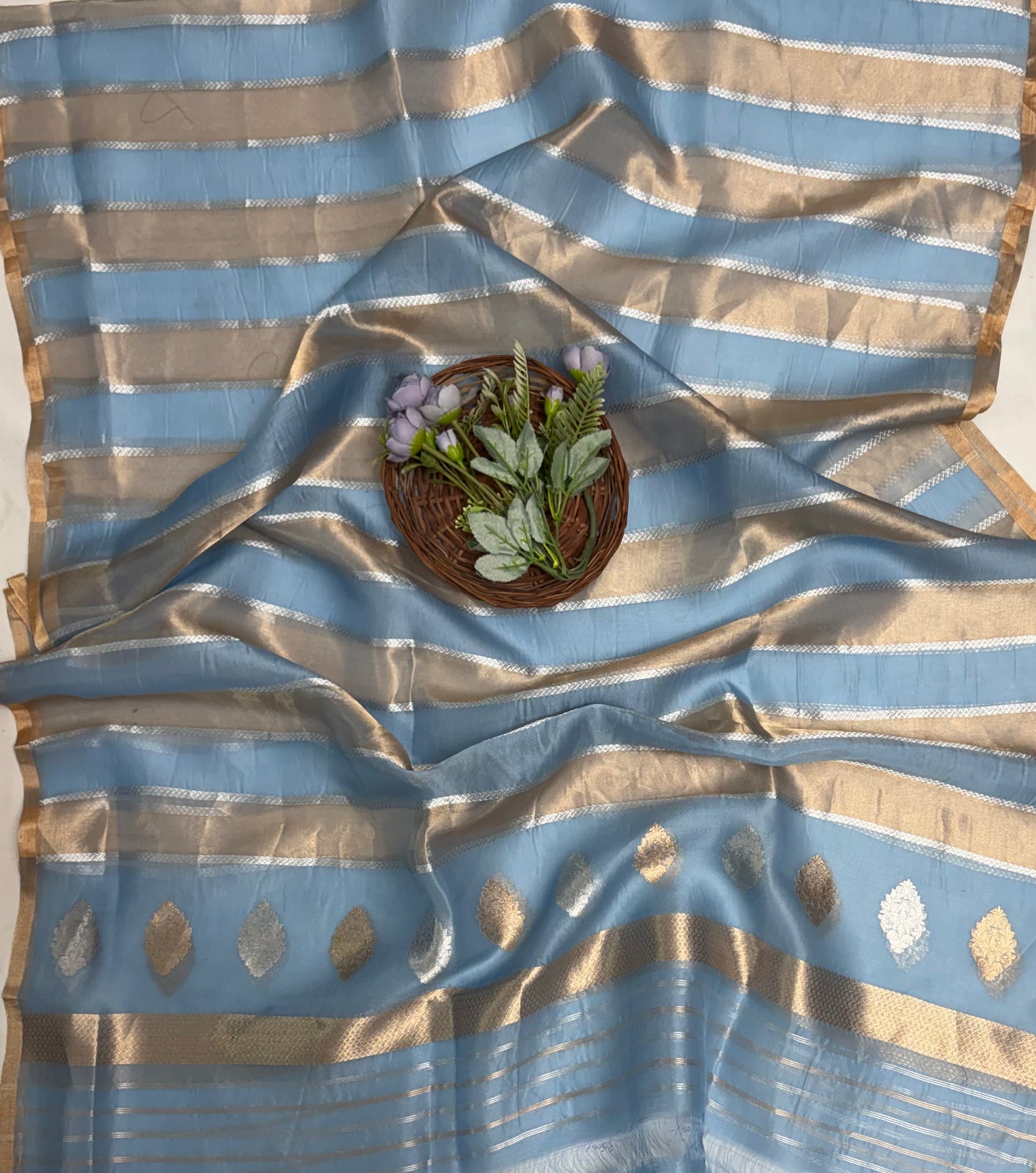 Pure Raw Silk Ice Blue Suit Fabric / Banarasi Baithak