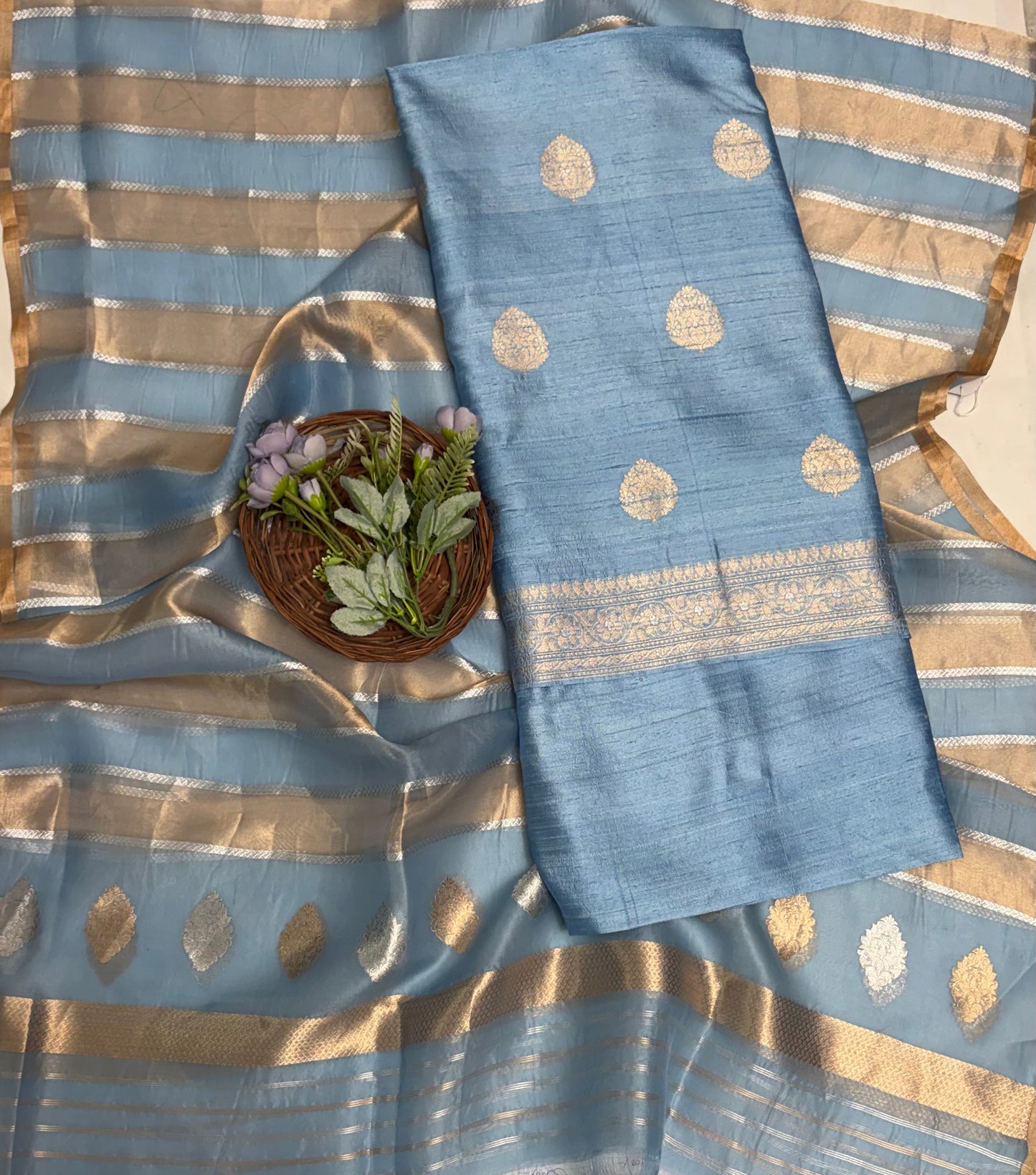 Pure Raw Silk Ice Blue Suit Fabric / Banarasi Baithak
