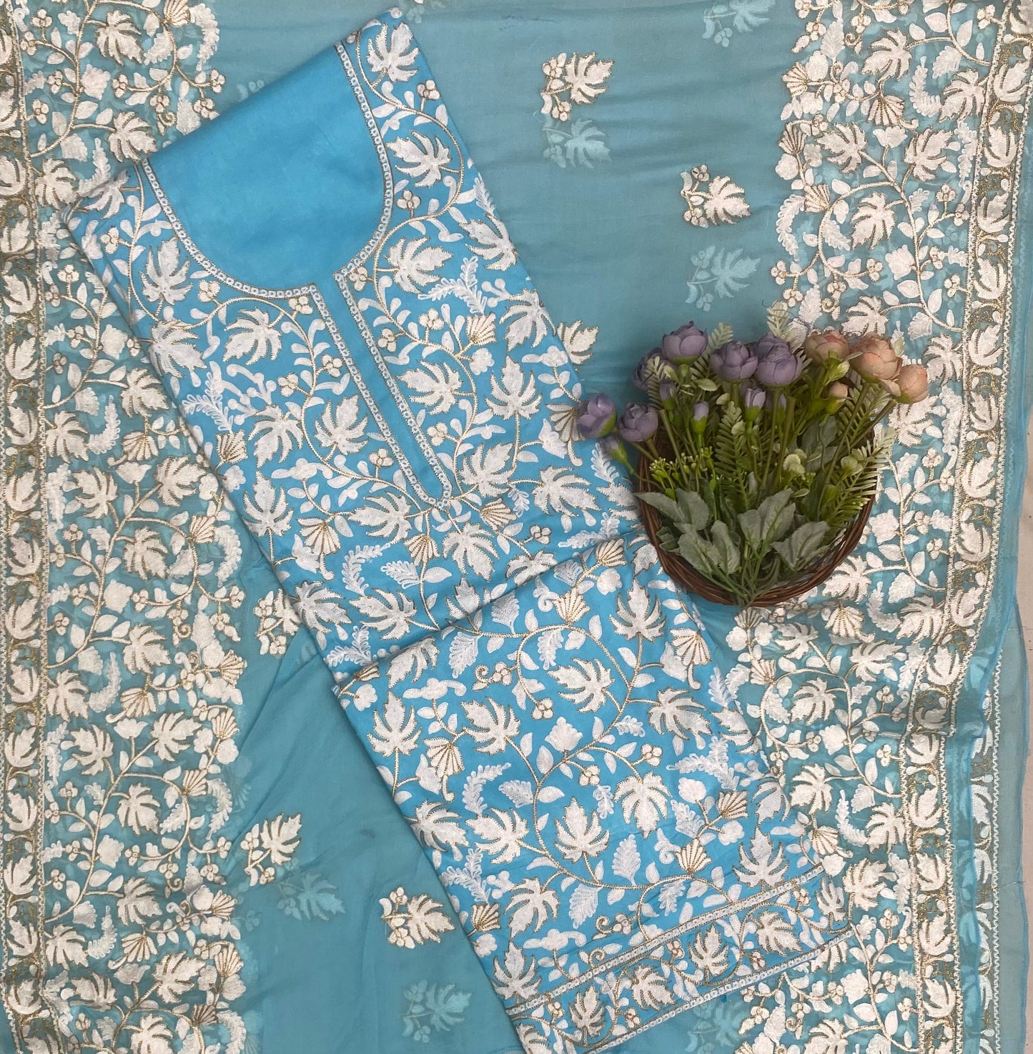 CKC 585 Rayon Aari Sky Blue Suit Fabric / CKC Cotton Bazaar