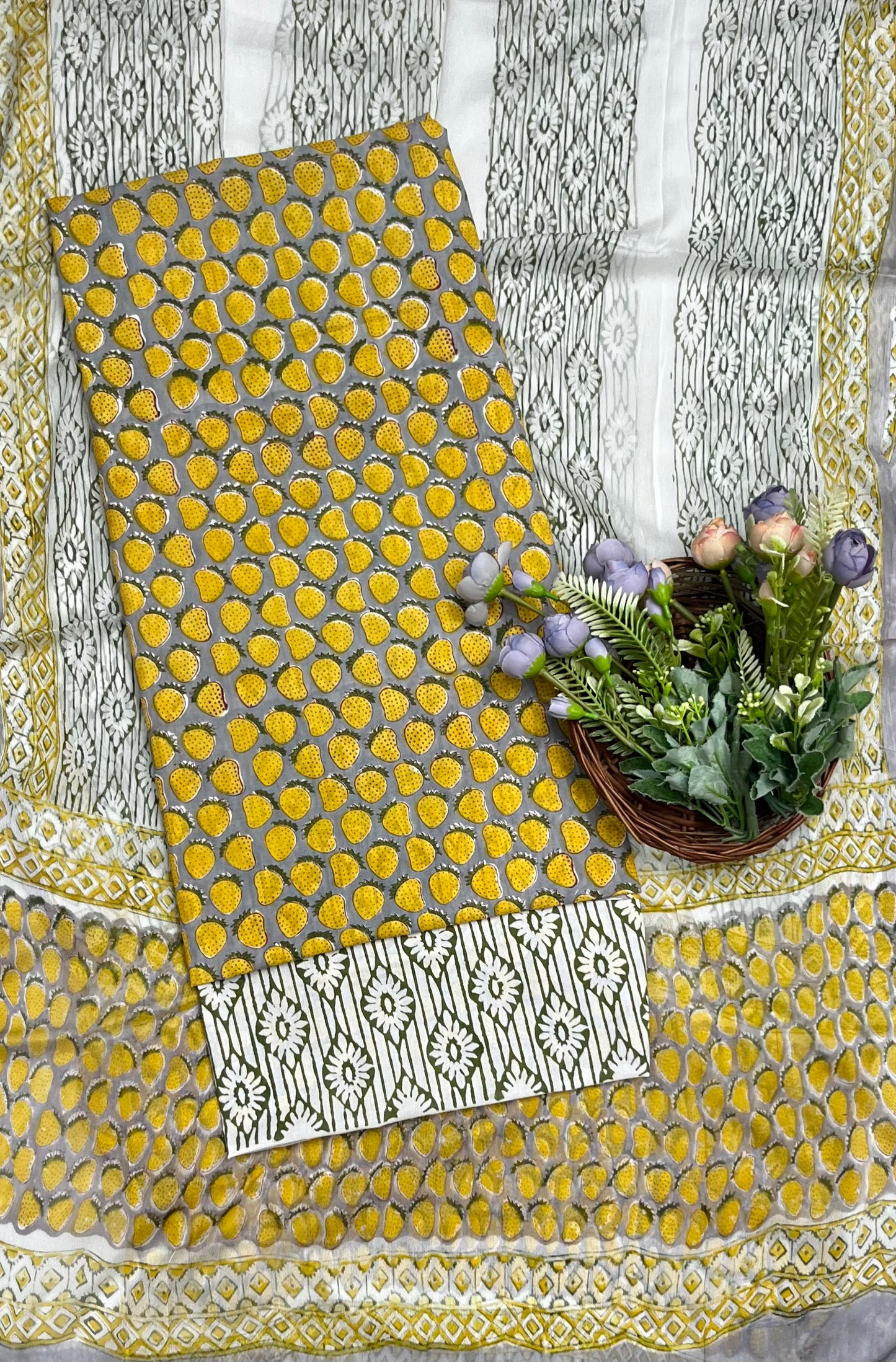 739B Cotton Yellow With Grey Suit Fabric / CKC Cotton Bazaar
