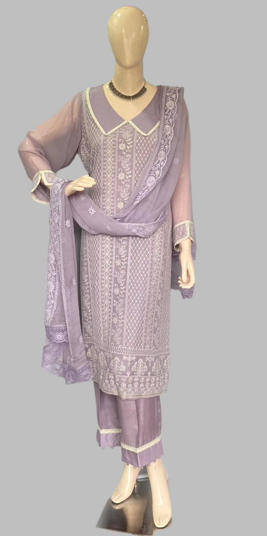 Lakhnavi Georgette Lilac Stitched Suit / Lakhnavi Charm