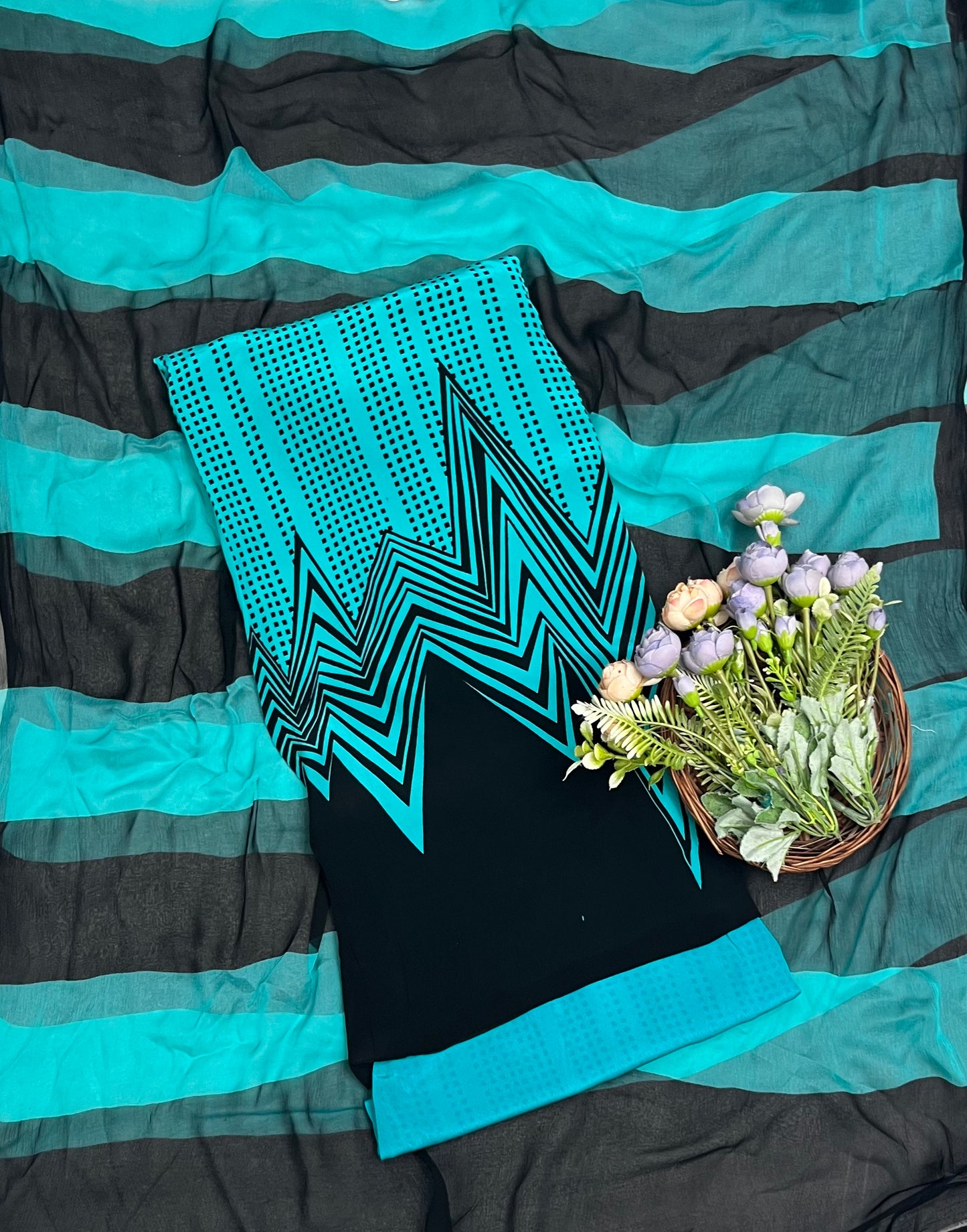 353A Cotton Sea Blue With Black Suit Fabric/ CKC Cotton Bazaar