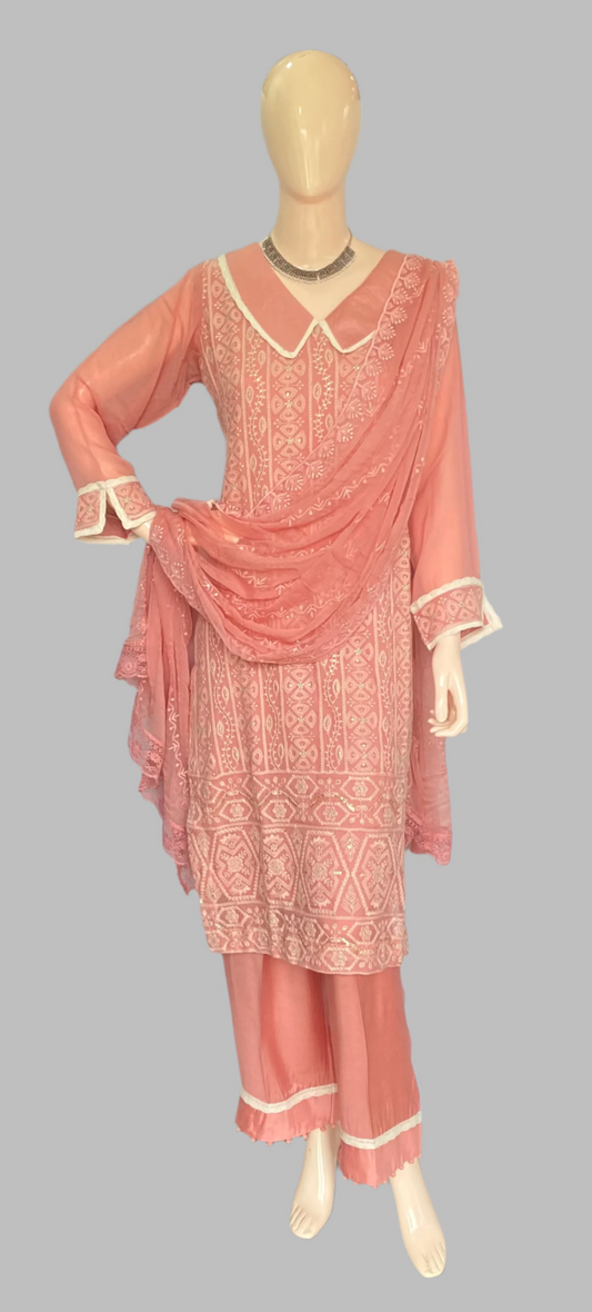 Lakhnavi Georgette Peach Stitched Suit / Lakhnavi Charm