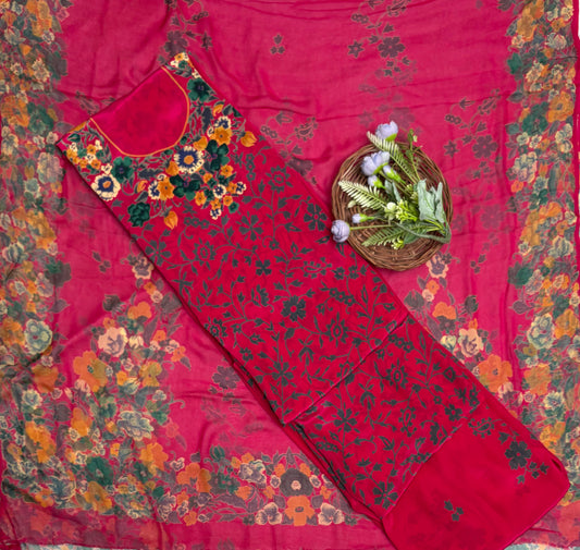 Crepe Magenta Red With Grey Suit Fabric / Phoolon Ka Ghar