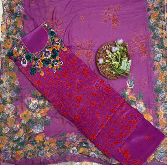Crepe Light Purple With Orange Suit Fabric / Phoolon Ka Ghar