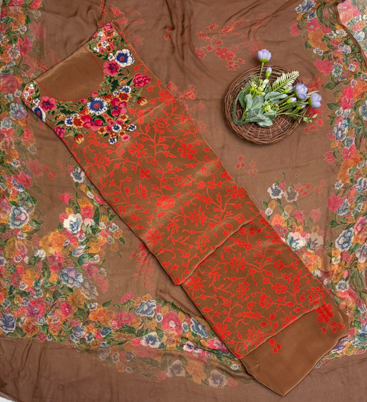 Crepe Brown With Orange Suit Fabric / Phoolon Ka Ghar