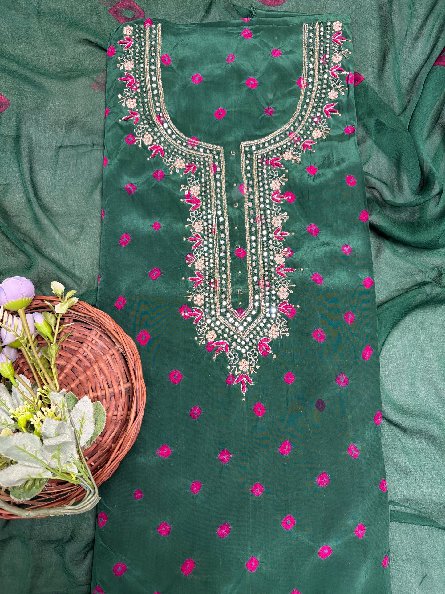Jaipuri Crepe Dark Green Suit Fabric / Jaipuri Suits