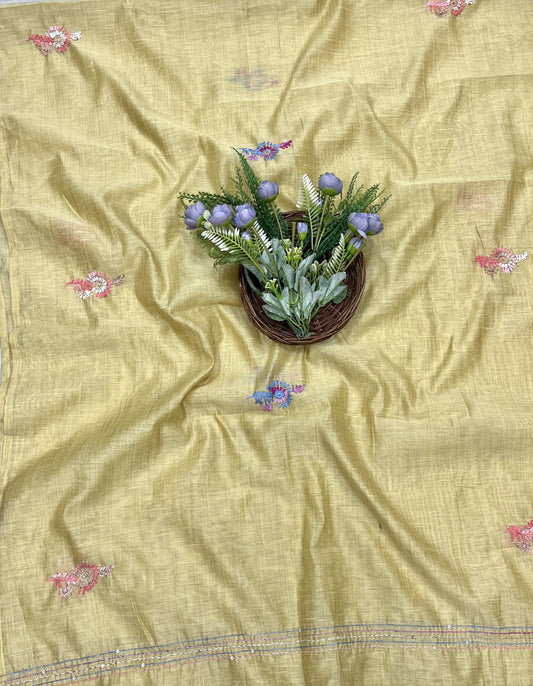 426B Mul Chanderi Mustard Green Suit Fabric/ CKC Mul Cotton