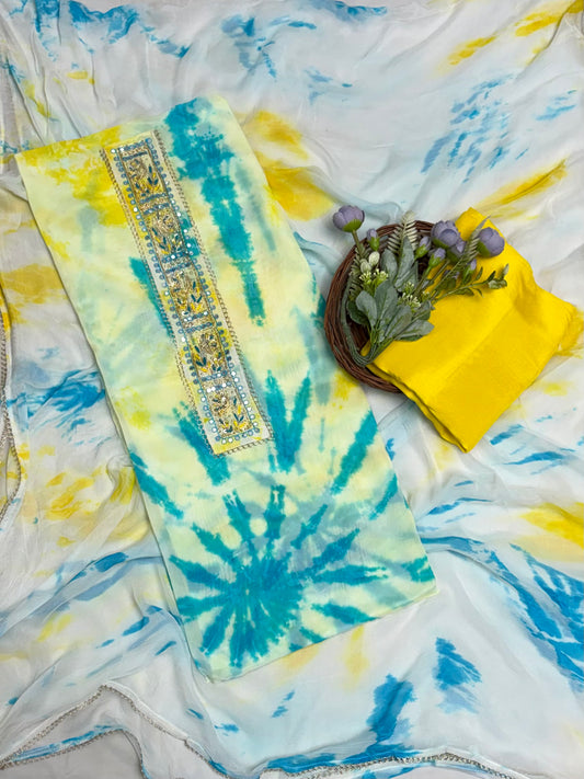 Jaipuri Cotton Blue With Yellow Suit Fabric / Jaipuri Suits