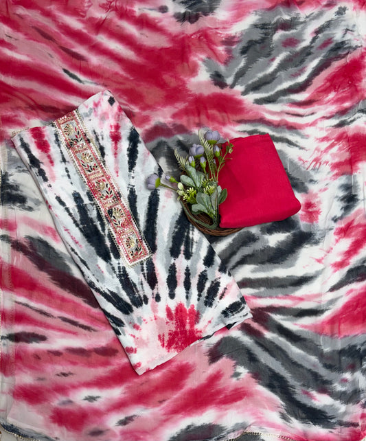 Jaipuri Cotton Red With Black Suit Fabric / Jaipuri Suits