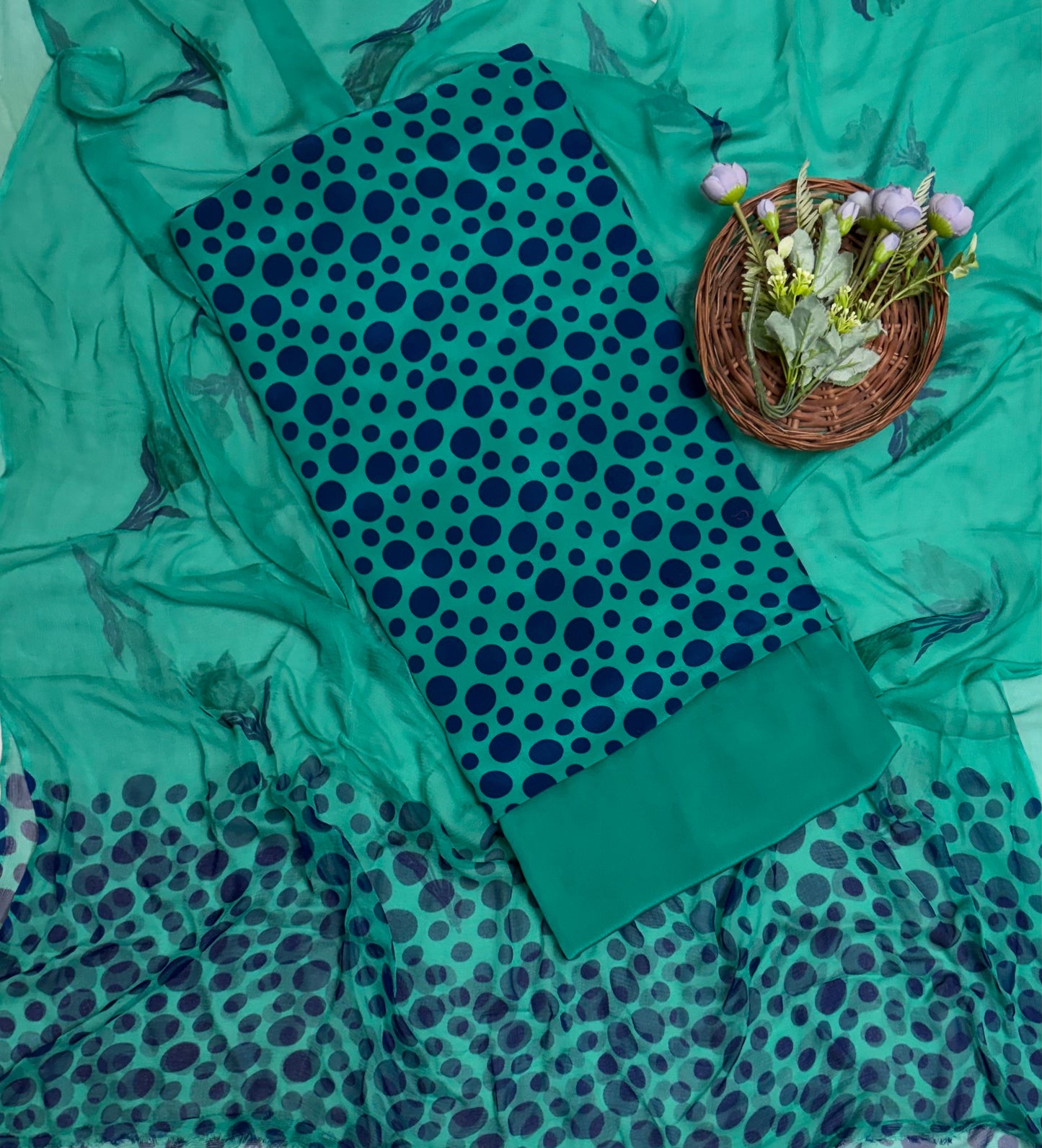 Crepe Polka Sea Green Suit Fabric/ Polka Story