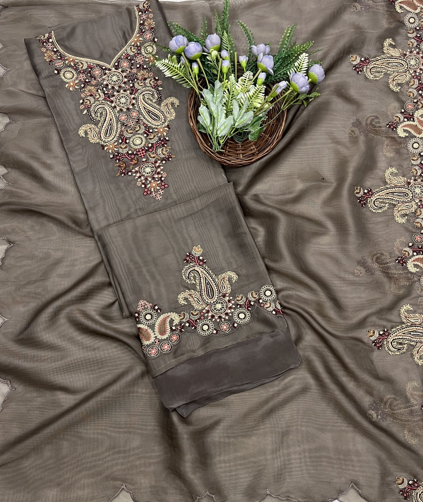 451B Self Organza Taupe Brown Color Suit Fabric/ CKC Partywear Collection