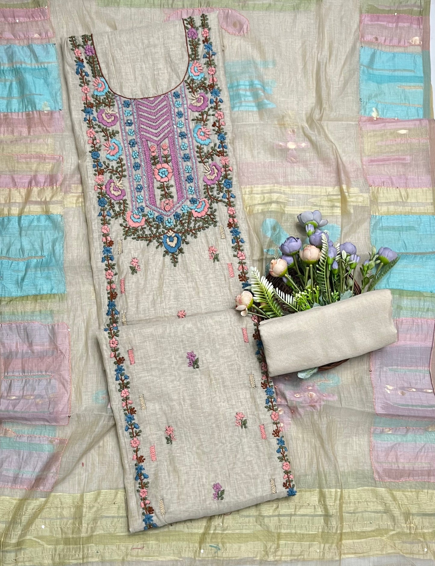 Mul Chanderi Beige With Mehndi Green Suit Fabric/ CKC Mul Cotton