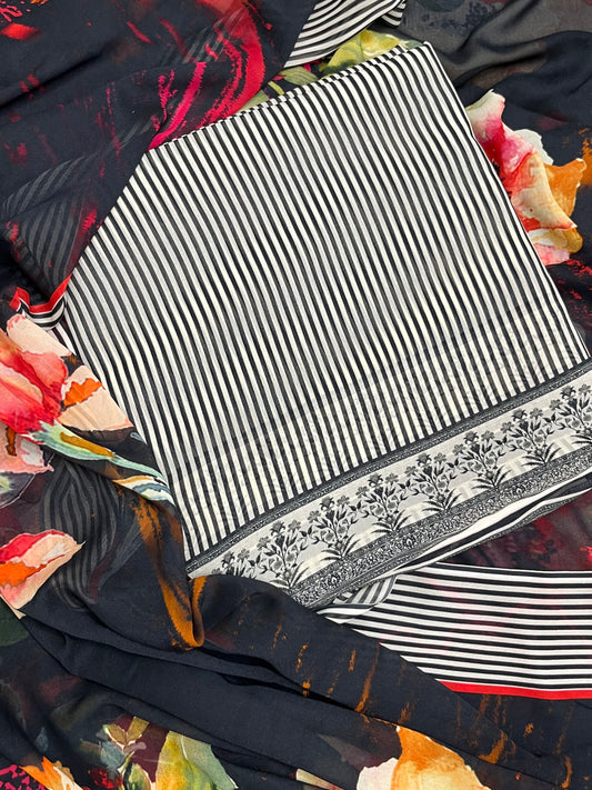 Ckc 143 Georgette Black And Cream Suit Fabric / CKC Georgette Suits