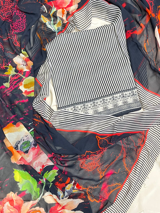 Ckc 143 Georgette Black And Cream Suit Fabric / CKC Georgette Suits