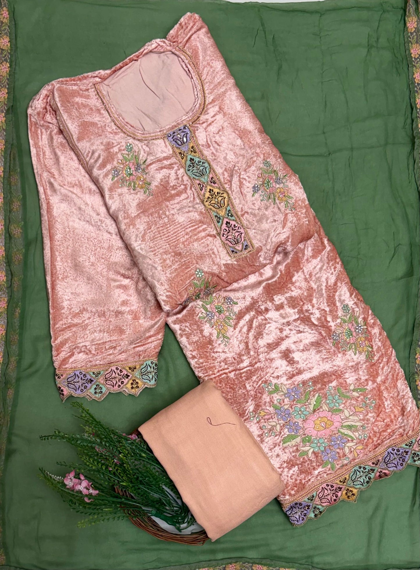 Velvet Peach With Green Suit Fabric / Velvet Suits