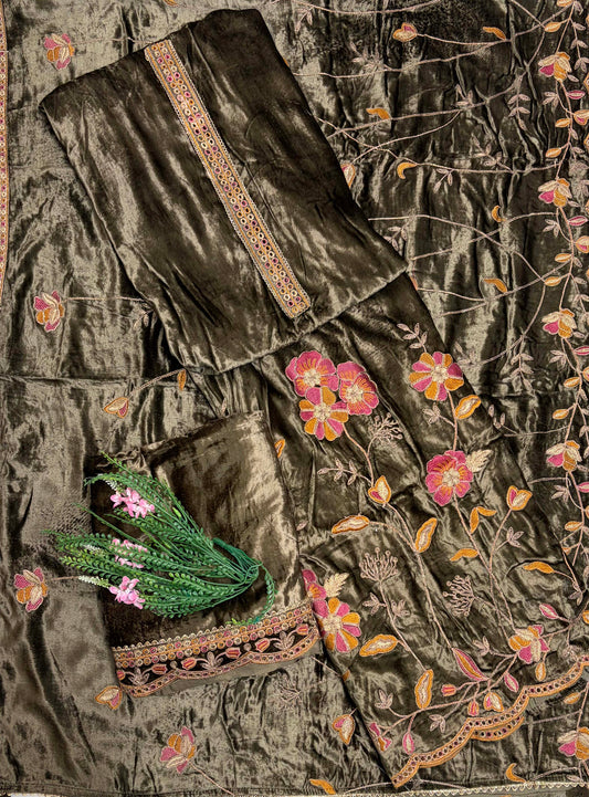 Velvet Mehndi Green Suit Fabric / Velvet Suits