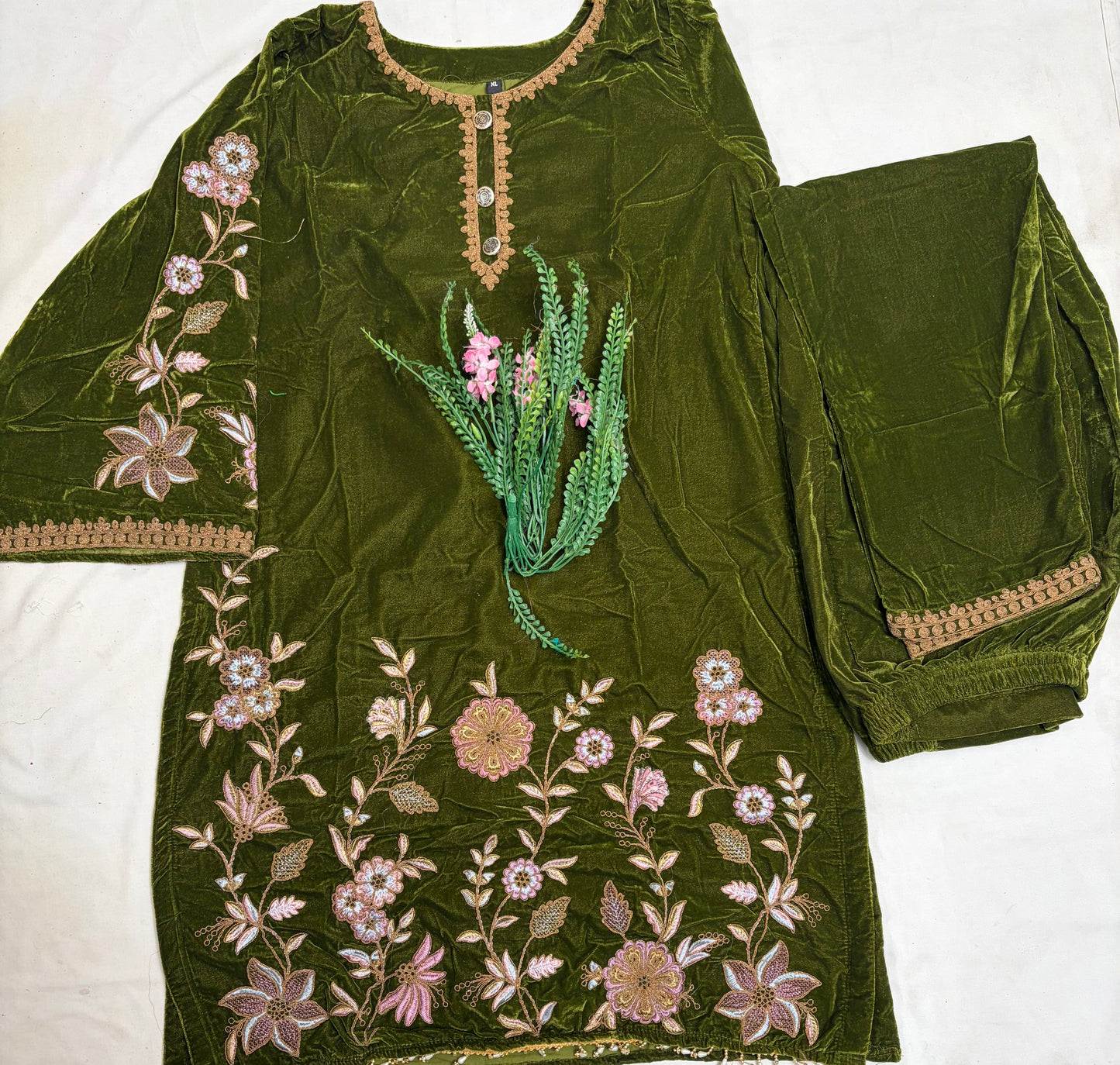 Velvet Mehndi Green Co-Ord Set  / Velvet Suits