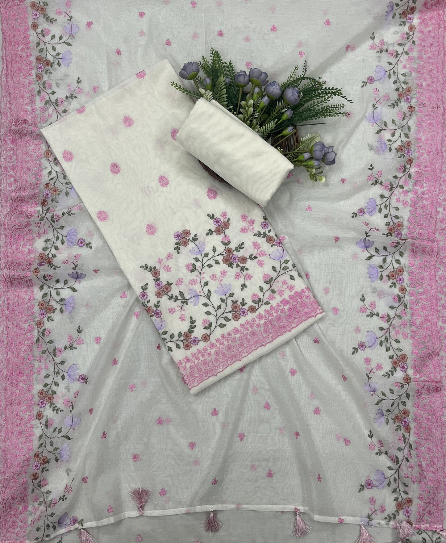 506B Mul Cotton Off White With Pink suit Fabric/ CKC Mul Cotton