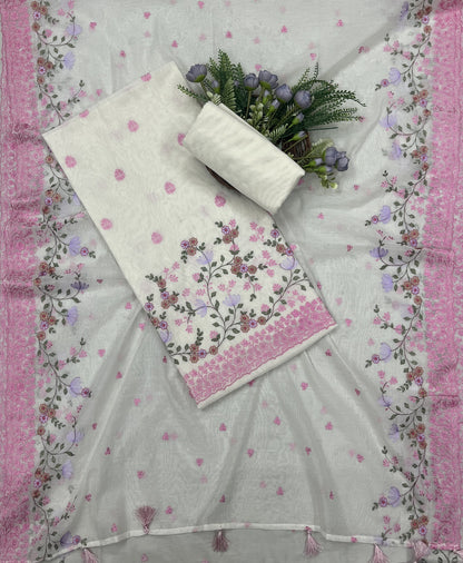 506B Mul Cotton Off White With Pink suit Fabric/ CKC Mul Cotton