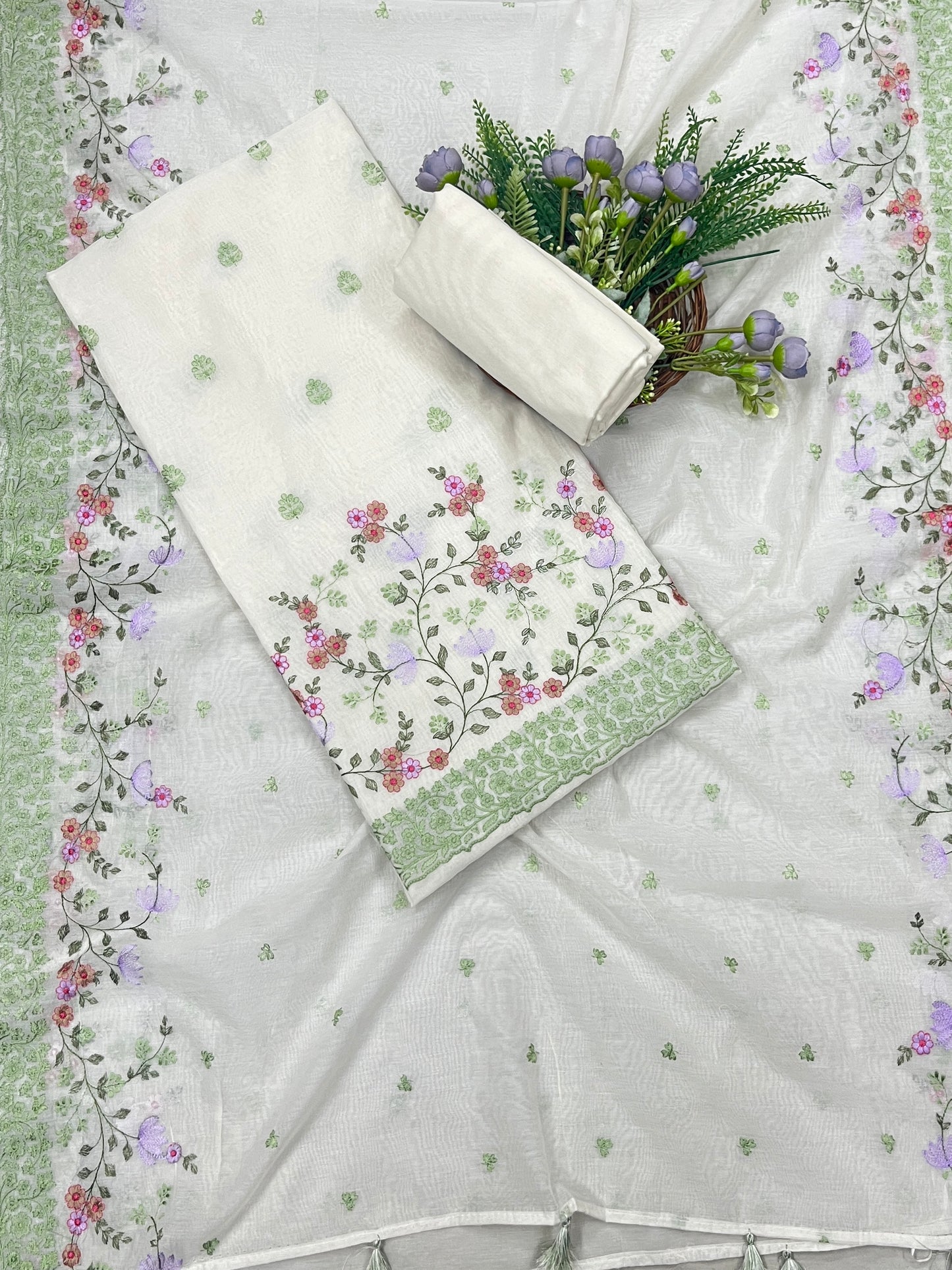 508B Mul Cotton Off White with Green suit Fabric/ CKC Mul Cotton