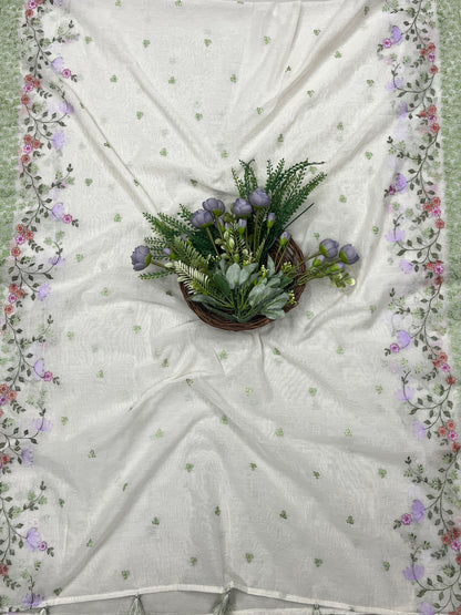 508B Mul Cotton Off White with Green suit Fabric/ CKC Mul Cotton