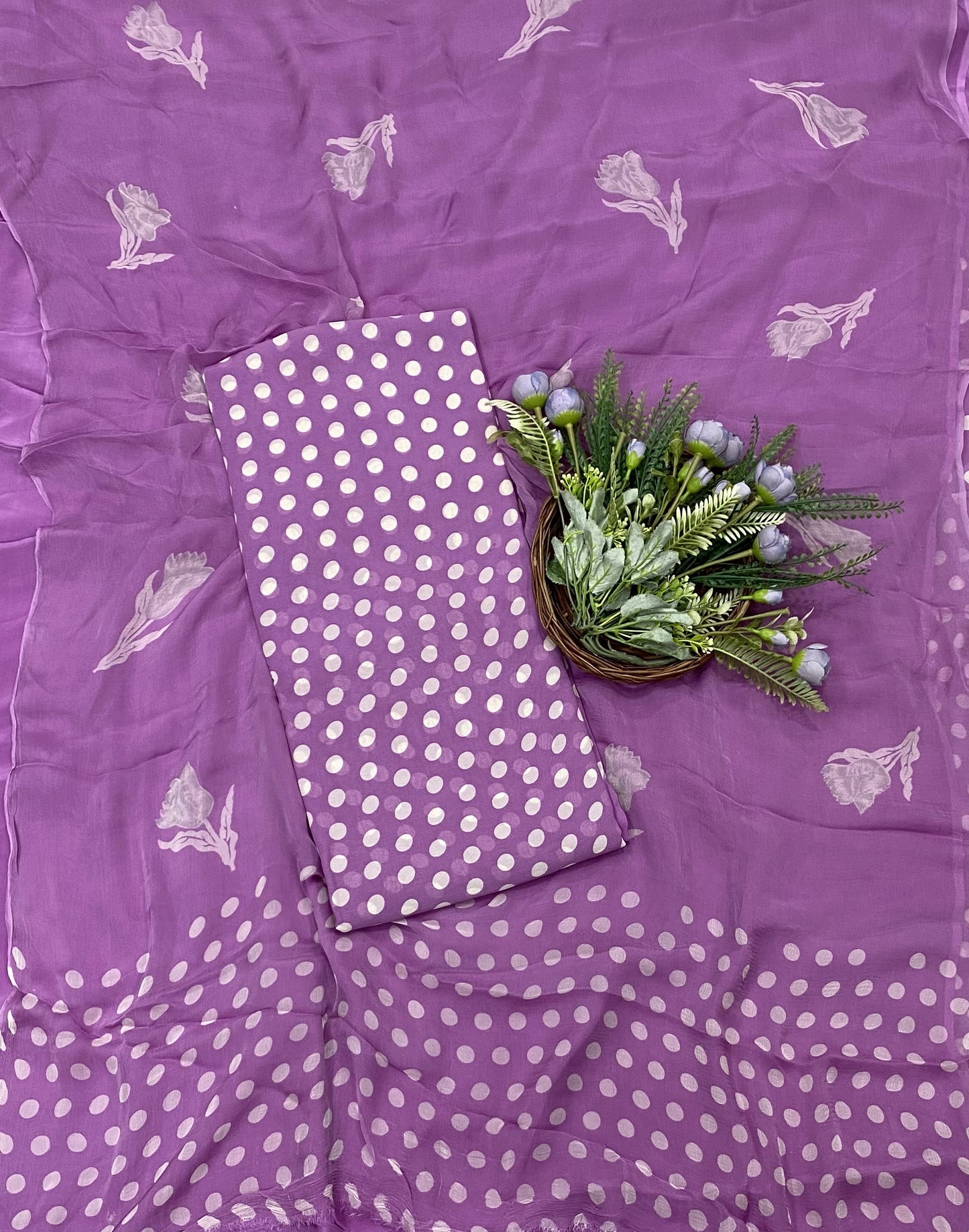 336B Georgette Polka Dot lilac Suit Fabric / CKC Polka Story