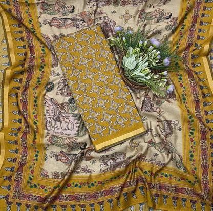 386B Mahashwari Mustard Yellow Suit Fabric / CKC Maheshwari Suits