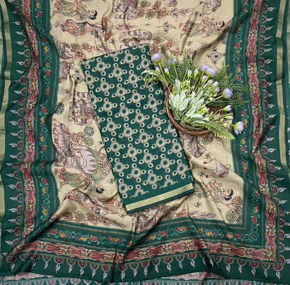 383B Mahashwari Dark Green Suit Fabric / CKC Maheshwari Suits