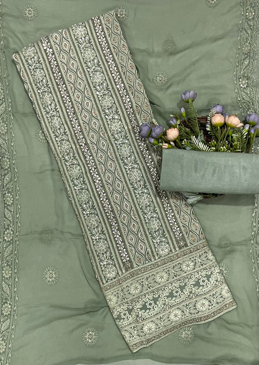 673A Lakhnavi Georgette Dusty Green Suit Fabric / CKC Lakhnavi Suits