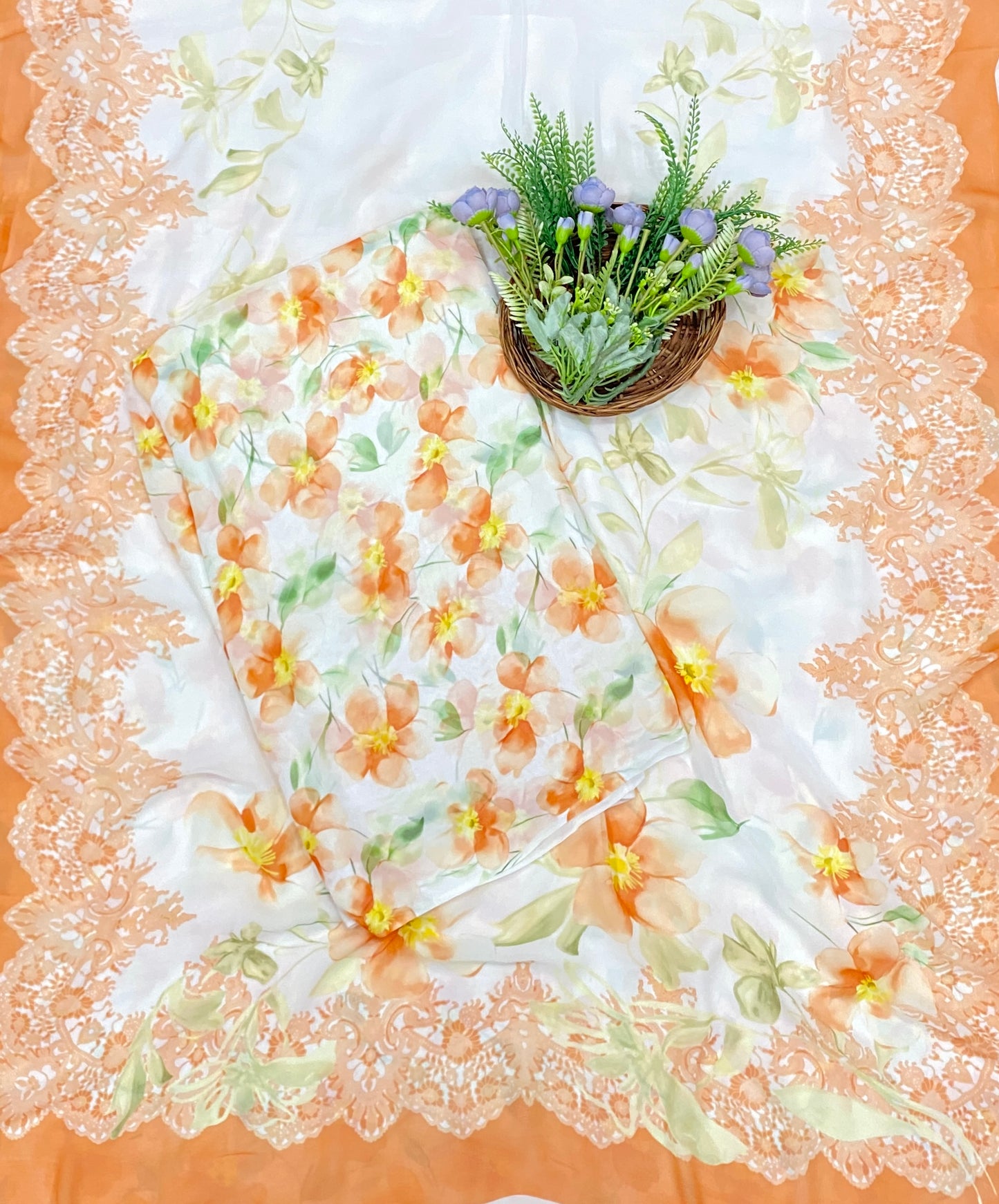 669B Georgette Off White With Orange Suit Fabric / CKC Georgette Suits