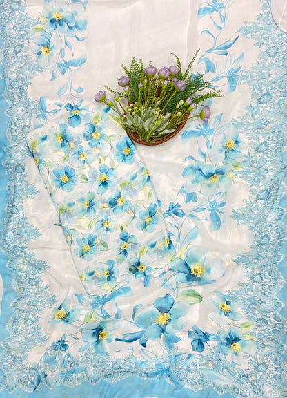 671B Georgette Off White With Light Blue Suit Fabric / CKC Georgette Suits