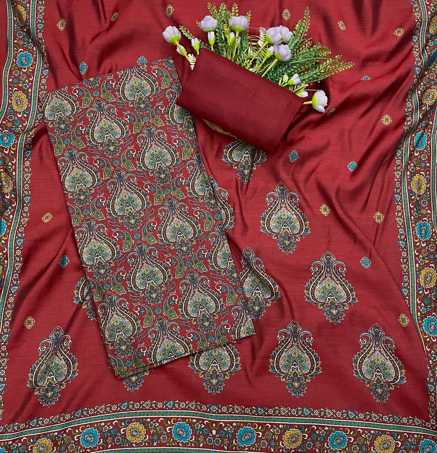 689B Mahashwari Red Suit Fabric / CKC Maheshwari Suits