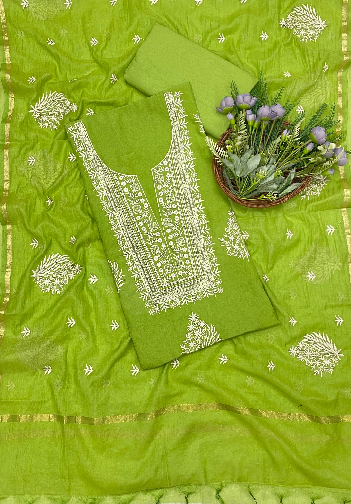 696B Mul Cotton Parrot Green Color Suit Fabric / CKC Mul Cotton