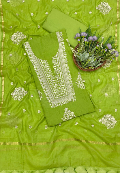 696B Mul Cotton Parrot Green Color Suit Fabric / CKC Mul Cotton