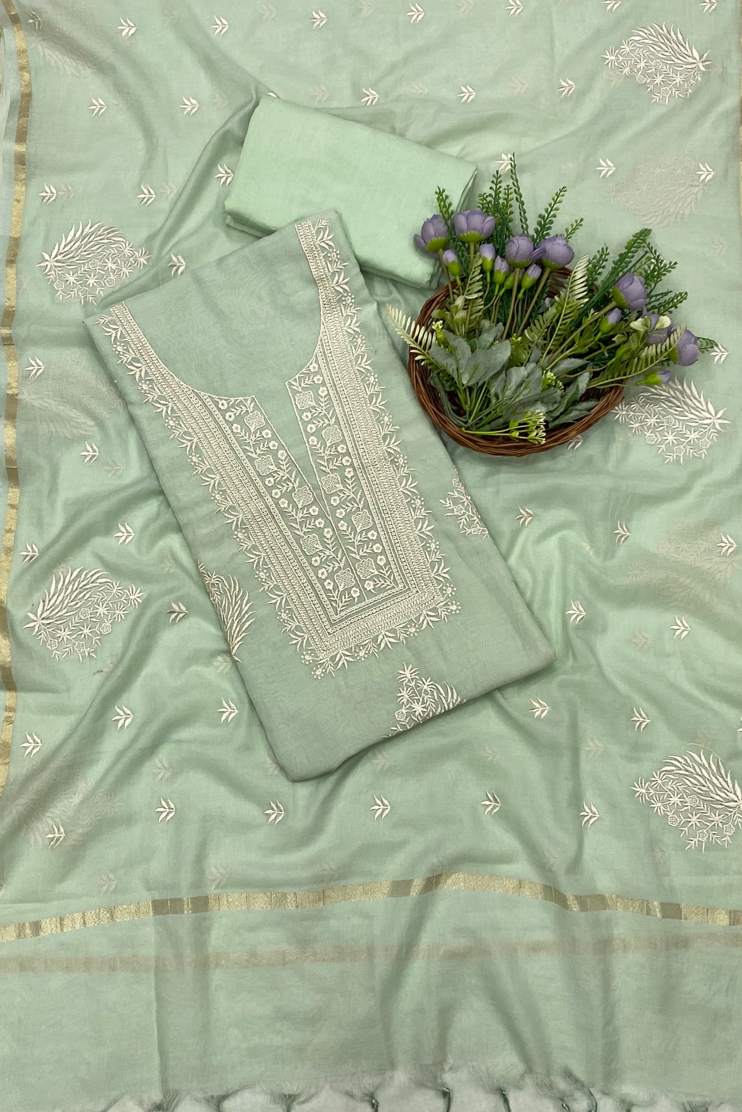 702B Mul Cotton Mint Green Color Suit Fabric / CKC Mul Cotton