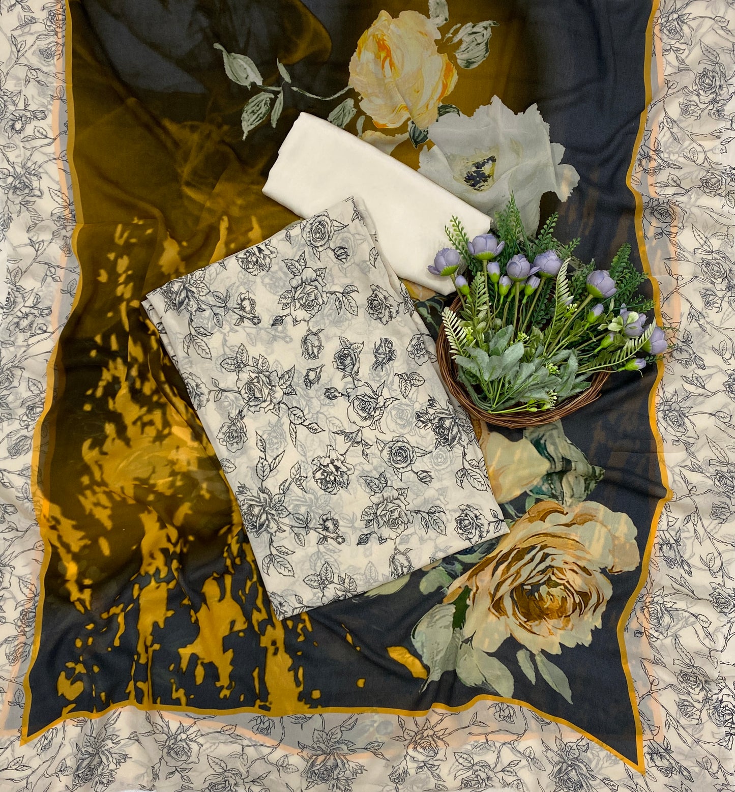 708B Georgette Off White With Mustard Suit Fabric / CKC Georgette Suits