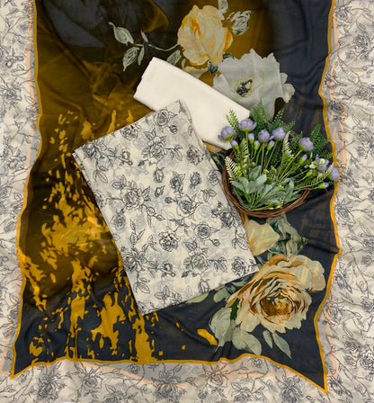 708B Georgette Off White With Mustard Suit Fabric / CKC Georgette Suits