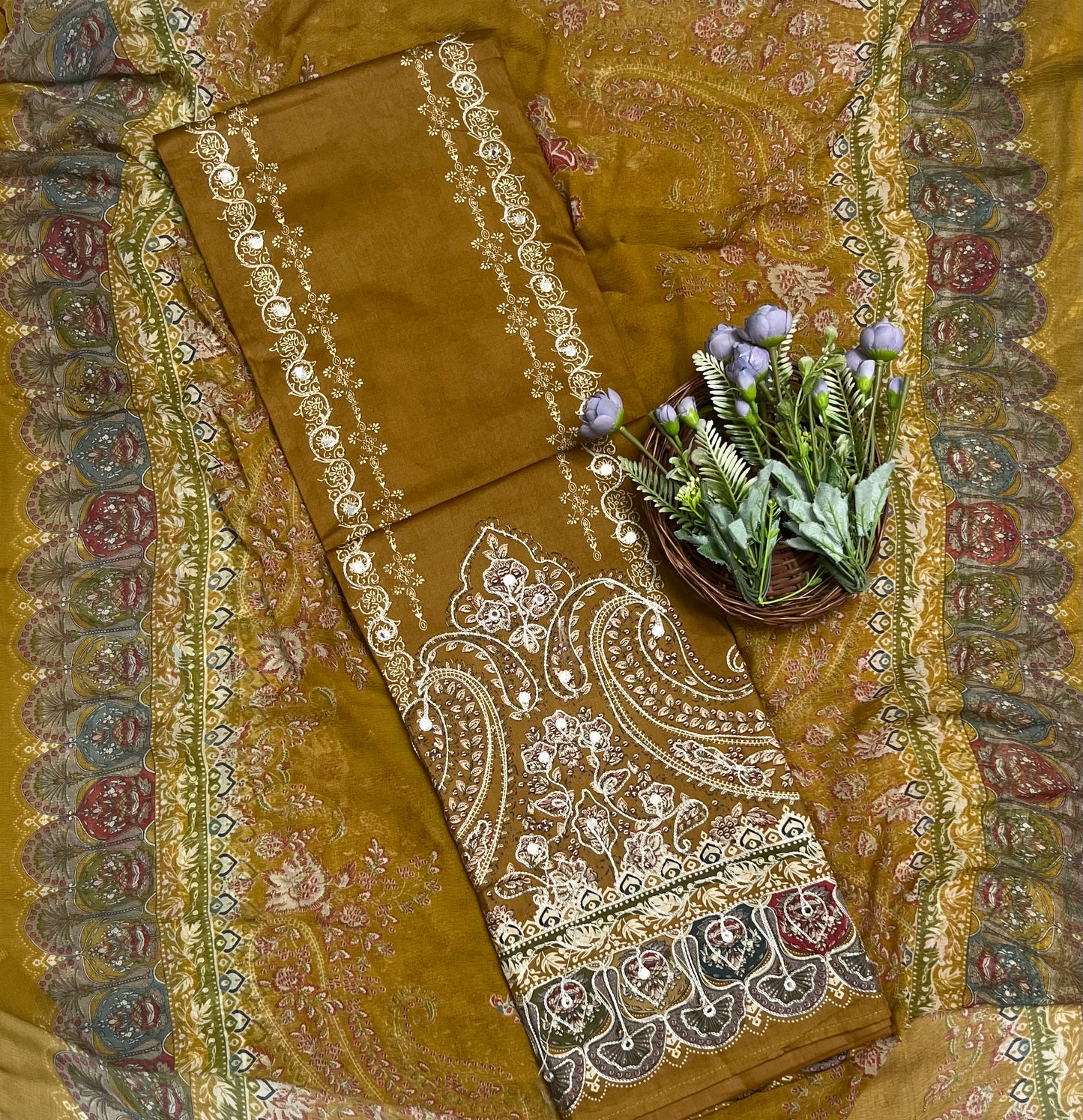 213 Embroidery Cotton Dark Mustard Suit Fabric / CKC Cotton Bazaar