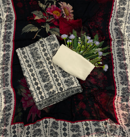 732B Georgette Black And Cream Suit Fabric / CKC Georgette Suits