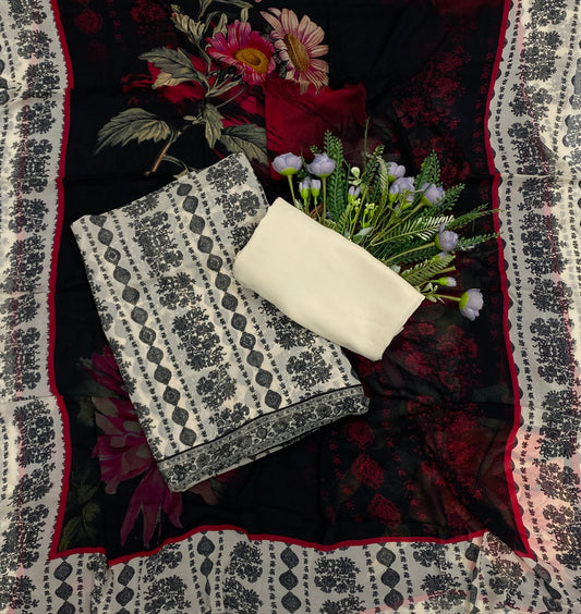 732B Georgette Black And Cream Suit Fabric / CKC Georgette Suits