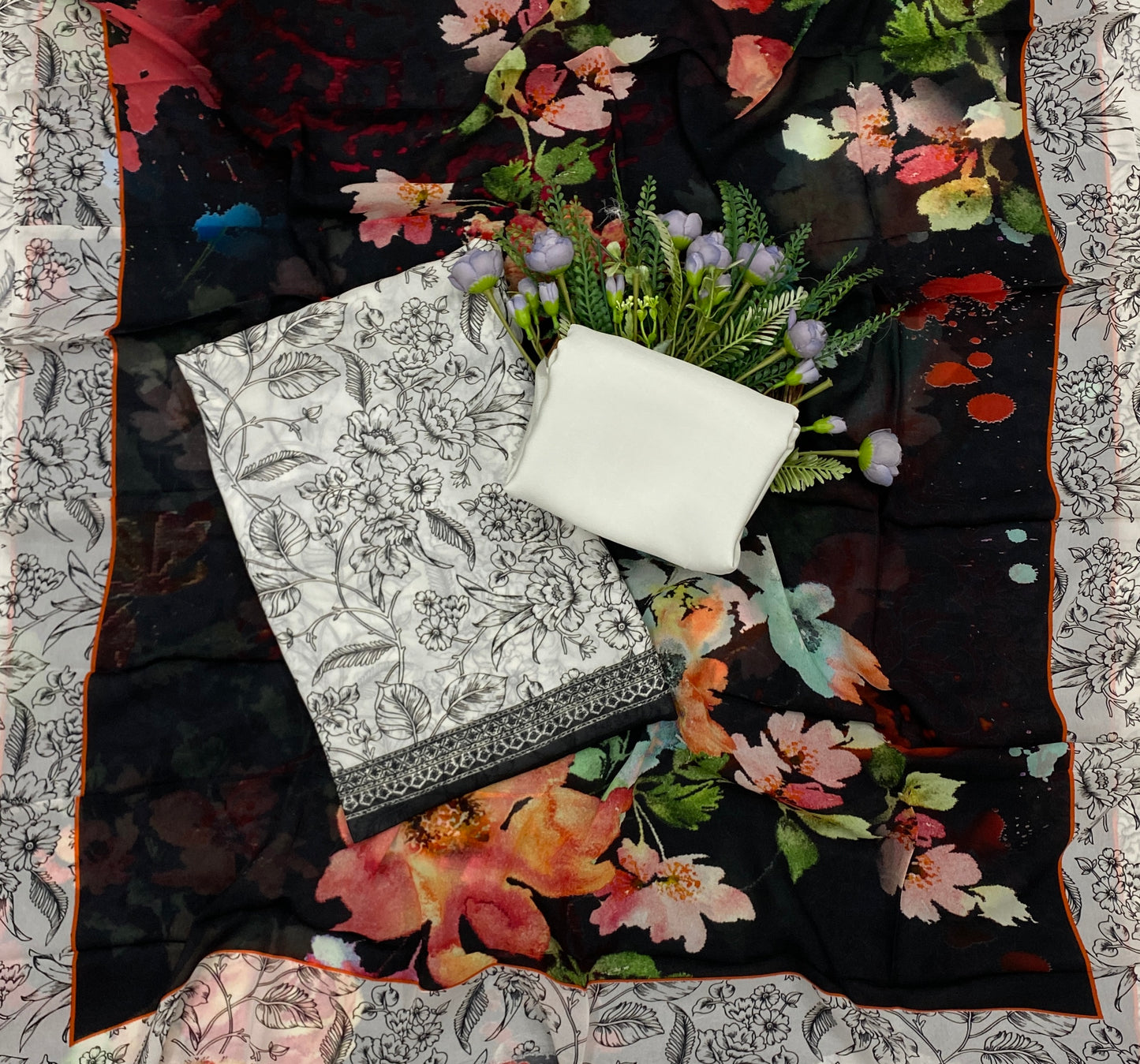 737B Georgette Black And Cream Suit Fabric / CKC Georgette Suits