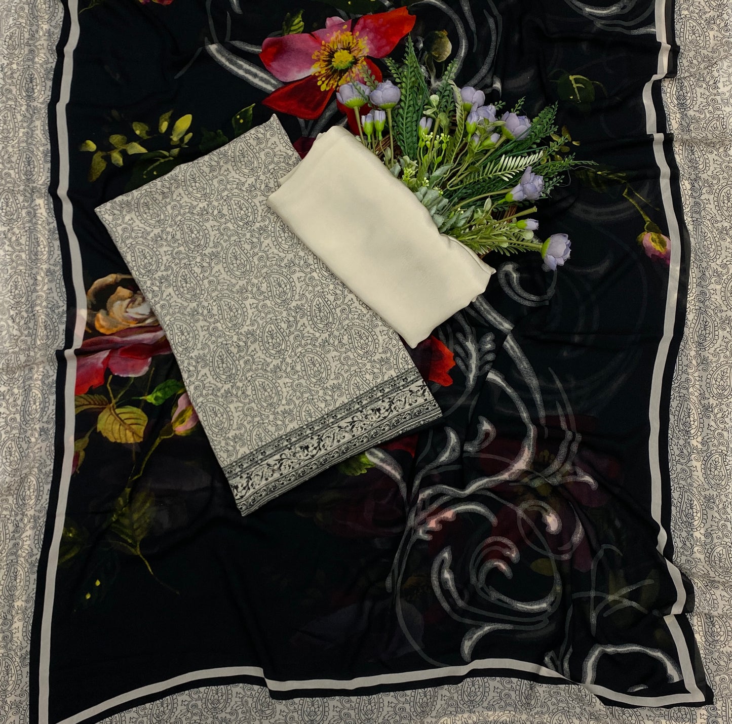 719B Georgette Black And Cream Suit Fabric / CKC Georgette Suits