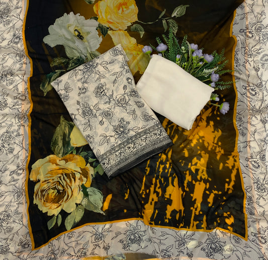 708B Georgette Off White With Mustard Suit Fabric / CKC Georgette Suits