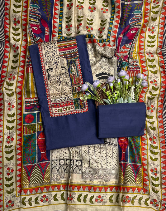 Pure Maheshwari Navy Blue Suit Fabric/ CKC Maheshwari Suits