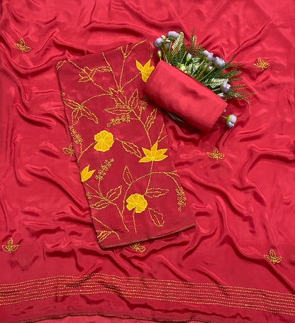 796B Chinon Crimson Red Suit Fabric / CKC Phoolon Ka Ghar
