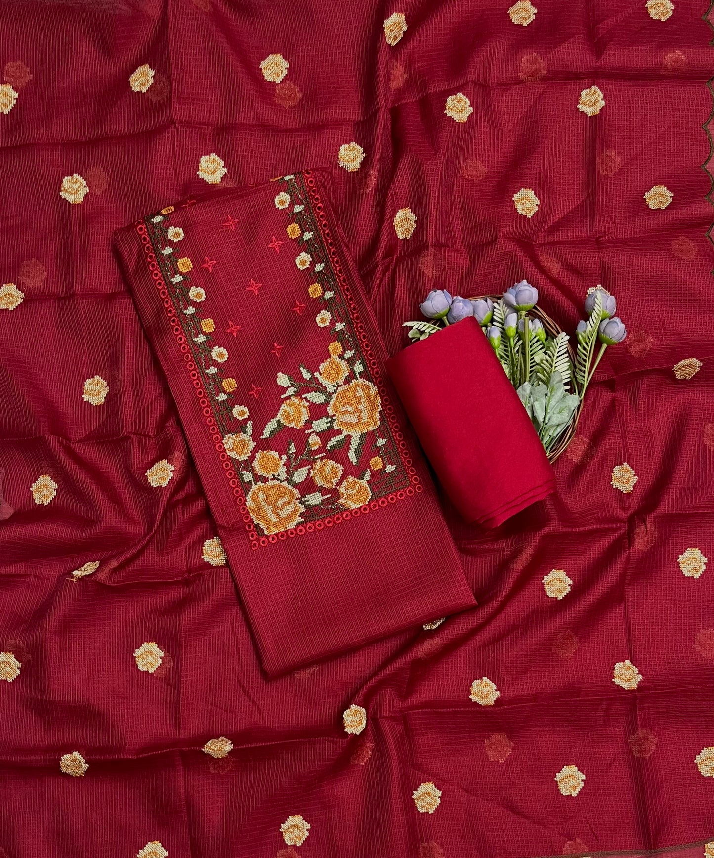 Ckc 343  Kotta Doria Dark Red Suit Fabric/ CKC Mul Cotton
