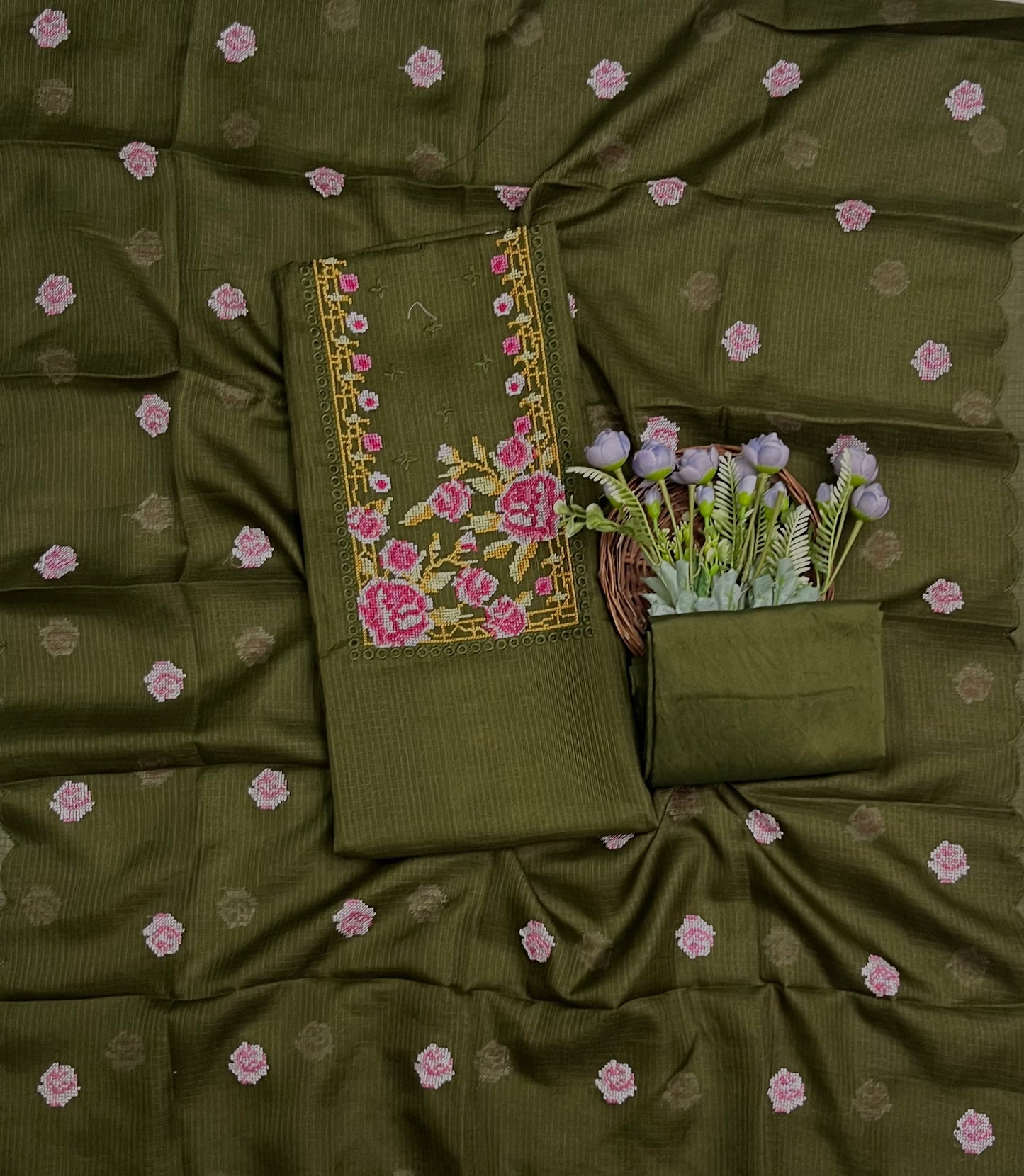 Ckc 344 Kotta Doria Mehndi Green Suit Fabric/ CKC Mul Cotton